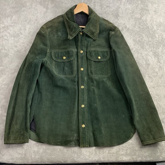 Vintage BUCKBOARD Jacket Mens 42 Green Yellow Stitching Button Snap Leather 70’s - Picture 1 of 16